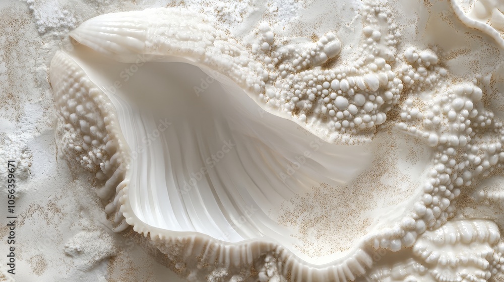 Poster artistic white surface displaying a close-up of a clam and sea shell, capturing the natural textures