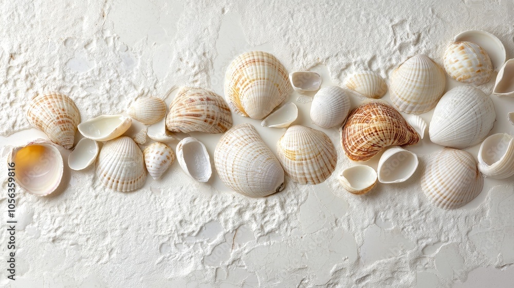 Poster artistic white surface displaying a collection of clams and beach seashells, emphasizing their uniqu