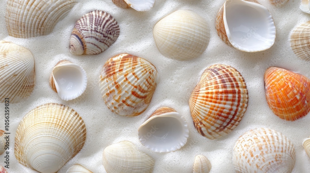 Poster artistic white surface displaying a collection of clams and beach seashells, emphasizing their uniqu
