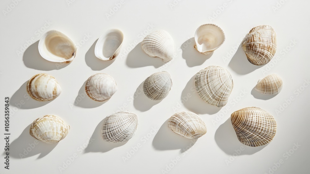 Poster artistic white surface displaying a collection of clams and beach seashells, emphasizing their uniqu