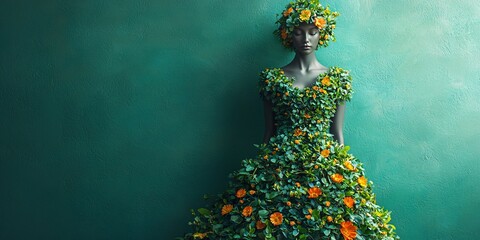 A whimsical dress made of green foliage and flowers, perfect for World Vegan Month promotions, eco-friendly fashion events, and nature-inspired designs.