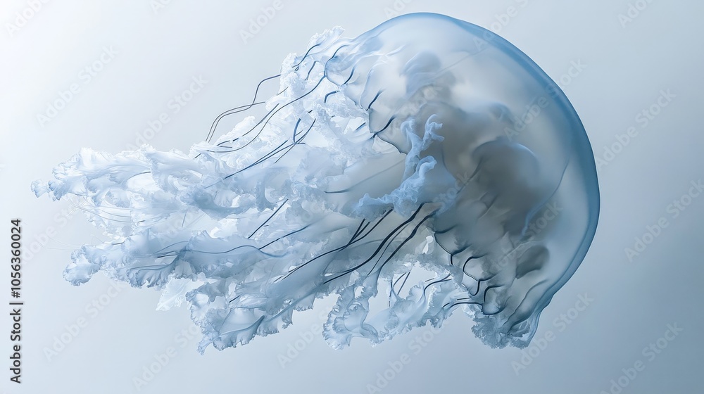 Poster artistic white surface displaying a detailed jellyfish, emphasizing its delicate invertebrate struct