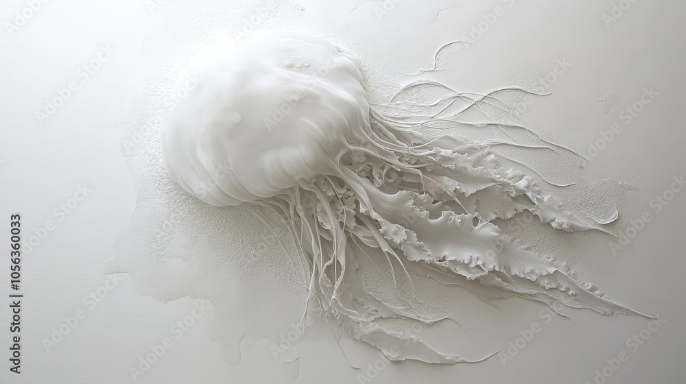 Poster artistic white surface displaying a detailed jellyfish, emphasizing its delicate invertebrate struct