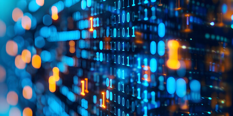 Abstract Binary Code and Digital Data Background, High-Tech Binary Matrix Display with Blurred Effect, blue binary background. computer language matrix