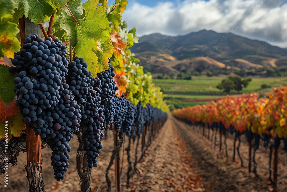 Poster rows of ripe grapes hang from vines in a vineyard with rolling hills in the background.