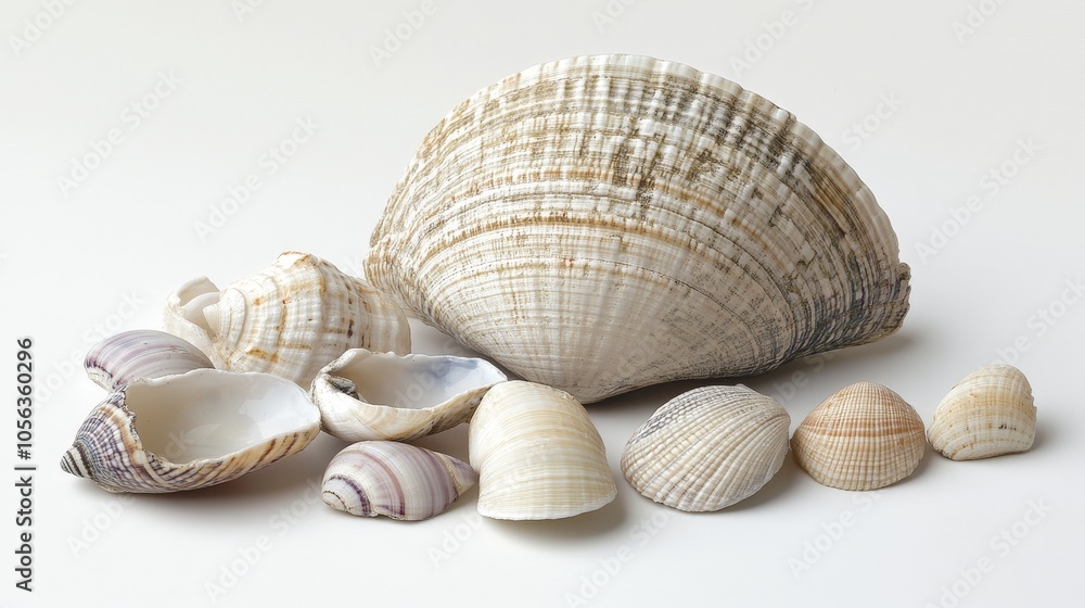 Poster artistic white surface displaying a single clam and assorted seashells, highlighting their unique fe