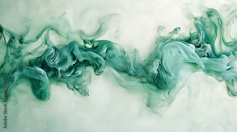 Poster artistic white surface displaying green mystical smoke blending into abstract flame shapes, adding a