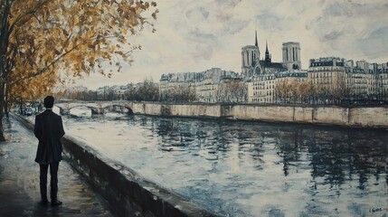 Parisian Cityscape with Notre Dame Cathedral and the Seine River