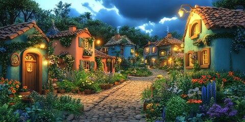 Obraz premium A quaint, cobblestone street lined with colorful, charming houses in a fantasy village, bathed in warm evening light. The sky is filled with dramatic clouds, and lush greenery surrounds the houses.