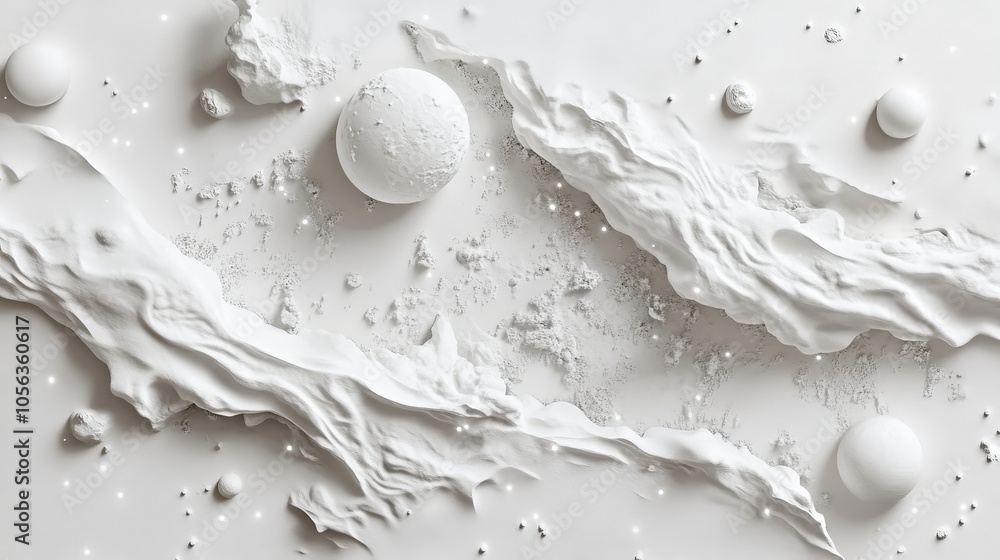 Poster artistic white surface featuring 3d galaxy png cut-out elements, emphasizing the depth and detailed 