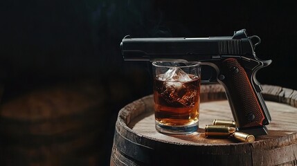 Whiskey, Gun, and Bullets on a Barrel