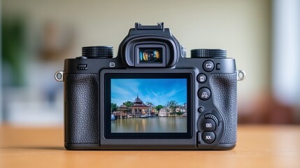 Modern Camera Displaying Scenic View on Screen
