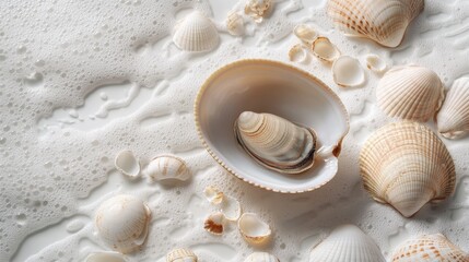 Artistic white surface featuring a clam among scattered beach seashells, emphasizing the natural elegance and texture of these seafood items