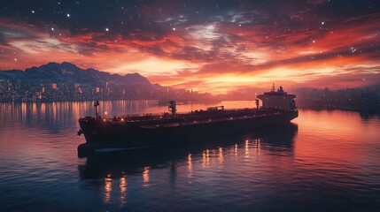 Obraz premium A Freighter Ship Sailing at Sunset