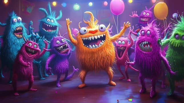 colorful cartoon monsters dancing