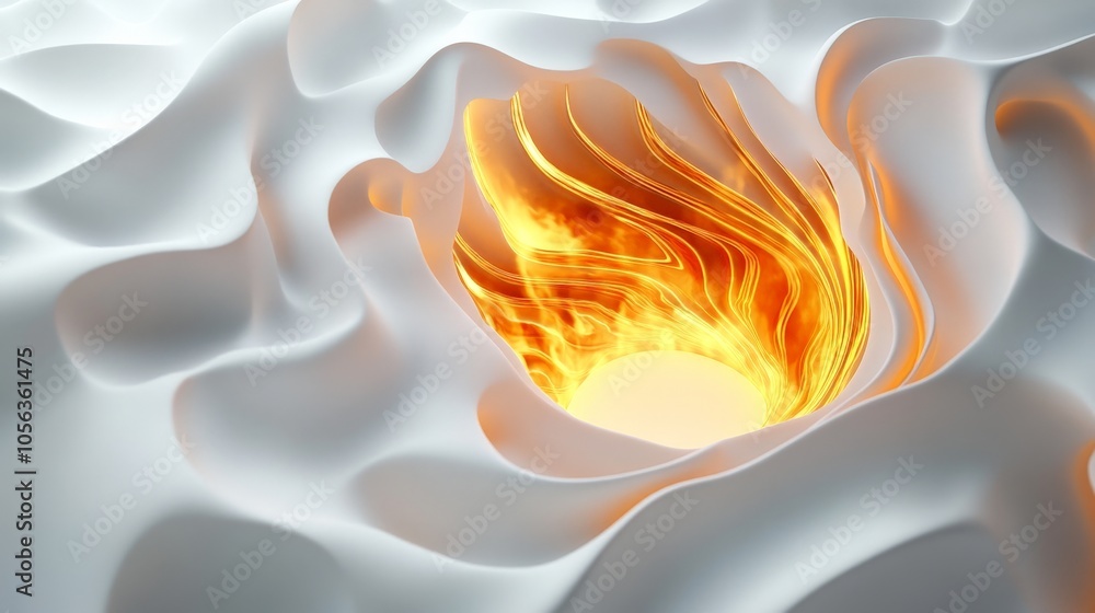 Poster artistic white surface featuring a vivid, circular fiery energy design, with pulsating flames and dy