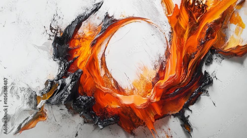 Poster artistic white surface featuring a vivid, circular fiery energy design, with pulsating flames and dy