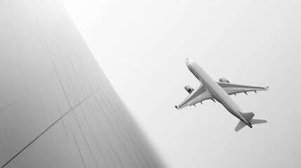 Artistic white surface featuring a sleek, commercial airplane descending for landing, emphasizing the modern design and the details of the landing process