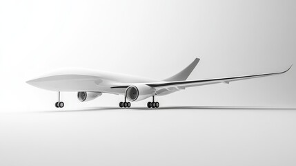 Artistic white surface featuring a sleek commercial airplane in its landing phase, showcasing the modern design and the precise details of the landing gear