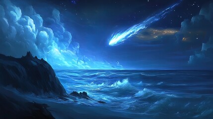 Fototapeta premium Night Sky with a Bright Meteor Falling Over the Ocean