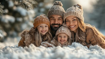 Happy Family in Winter Wonderland Snow