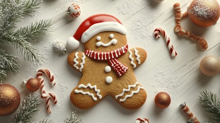 Artistic white surface highlighting a whimsical gingerbread cookie cartoon, dressed in a holiday outfit and adorned with sweet decorations