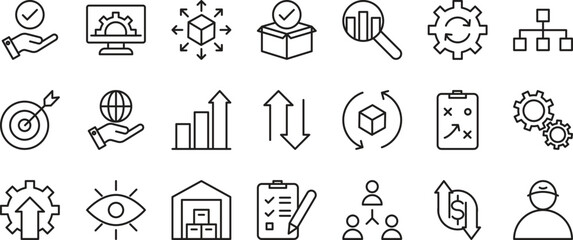 Operation management and business administration outline icons set vector illustration.
