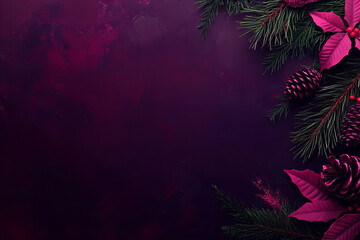 Elegant Red and Gold Christmas Background with Pine Cones, Poinsettias, Holly, Ornaments, and Festive Pine Branches Featuring Copy Space for Holiday Messages
