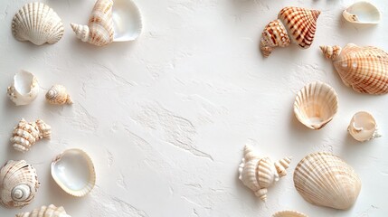 Artistic white surface showing a variety of beach seashells and a clam, emphasizing the unique patterns and textures of these seafood treasures