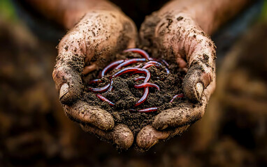 Fototapeta premium Soil Health: Hands Cradling Earthworms