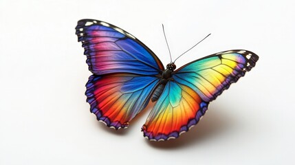 Beautiful butterfly with a full spectrum of rainbow colors on its wings, gently fluttering on a bright white background