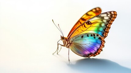 Obraz premium Beautiful butterfly with a full spectrum of rainbow colors on its wings, gently fluttering on a bright white background