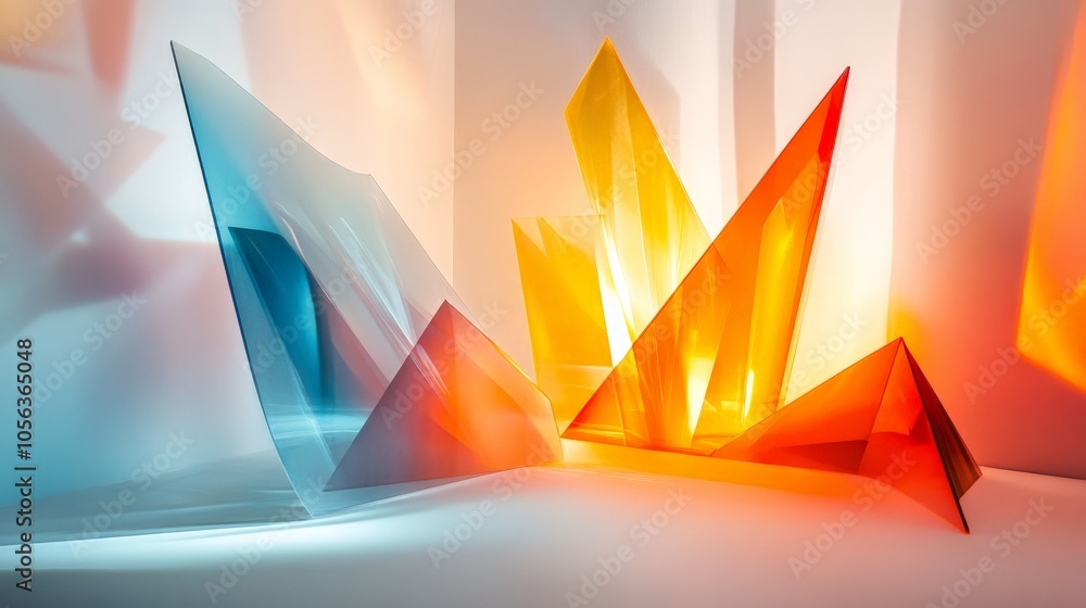 Poster bright abstract shapes illuminated by light on a pristine white backdrop