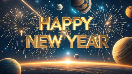  happy new year yellow text planet and space