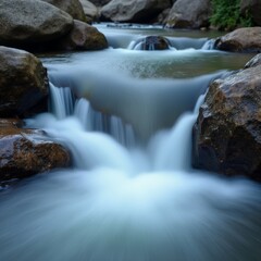 Serene Waterfall and River Scene Captured with Long Exposure Effect