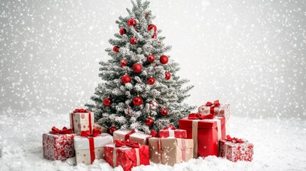 Bright white backdrop showcasing a Christmas tree with festive decorations and a pile of presents beneath it