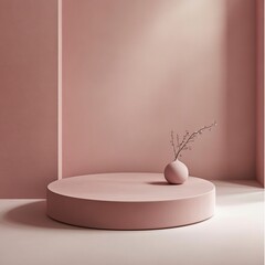 Minimalist, pastel-themed design with a soft pink color palette. The layout includes a circular platform in the foreground, which is slightly elevated and has a smooth, ,generative ai