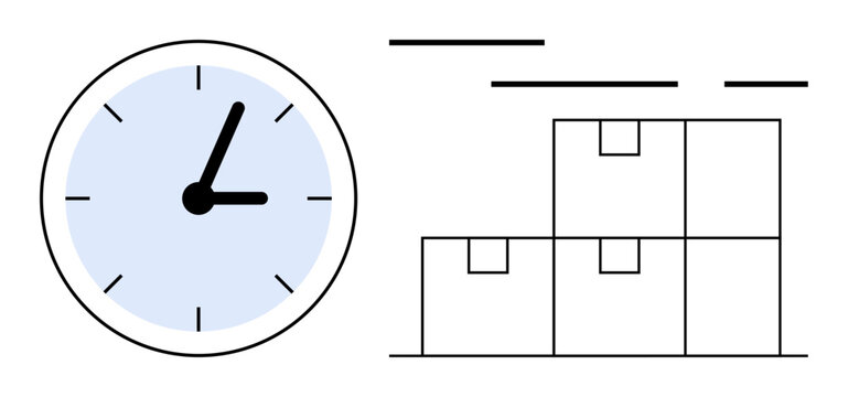 Clock showing efficient time management alongside stacked boxes representing organized inventory. Ideal for logistics, warehouse management, supply chain optimization, time management workflows