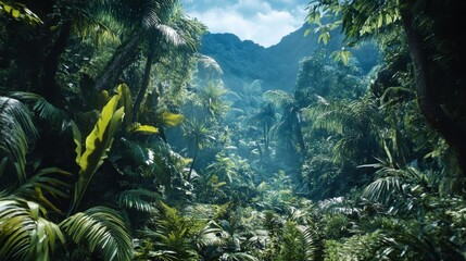 Lush Tropical Jungle with Dense Greenery and Sunlight