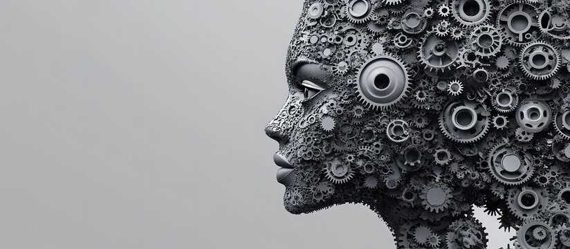 A profile of a face made from intricate gears and machinery.