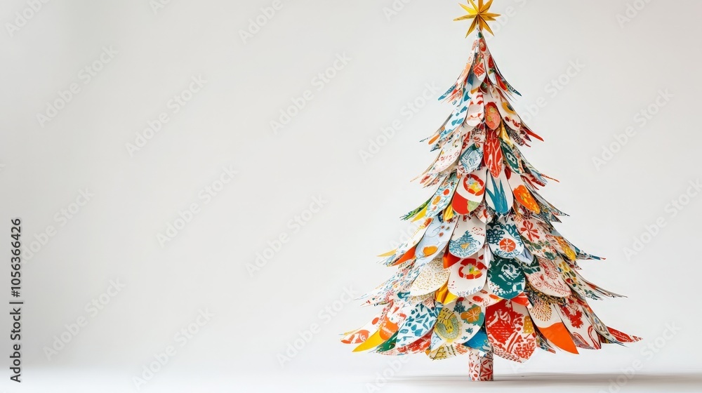 Poster clean white backdrop displaying a christmas tree made from patterned christmas paper, focusing on th