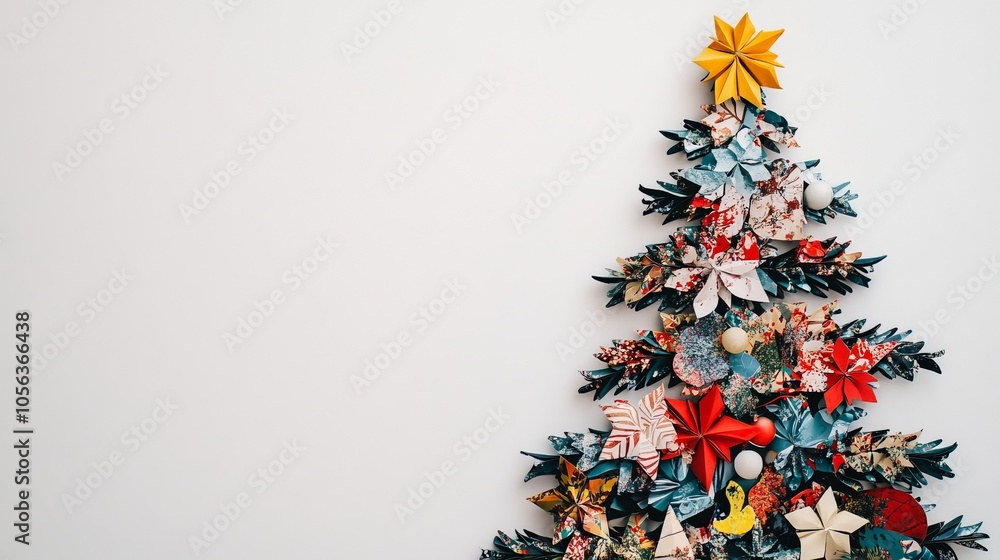 Poster clean white backdrop displaying a christmas tree made from patterned christmas paper, focusing on th