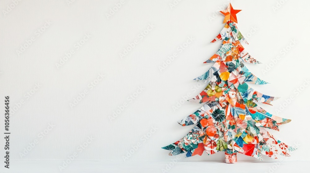 Poster clean white backdrop displaying a christmas tree made from patterned christmas paper, focusing on th