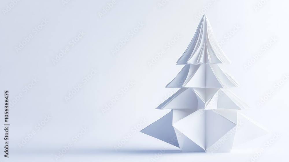 Poster clean white backdrop displaying a detailed origami christmas tree, focusing on the intricate folds a