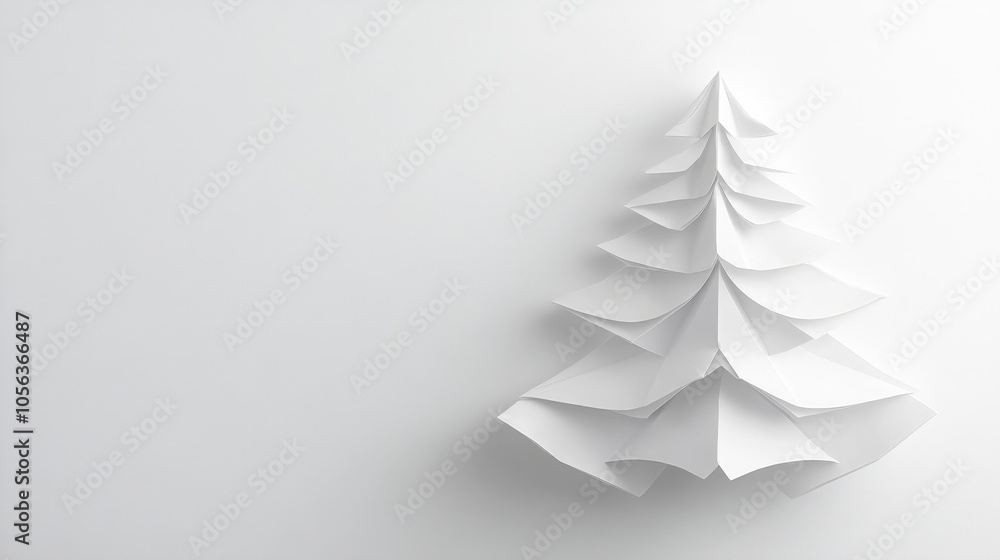 Poster clean white backdrop displaying a detailed origami christmas tree, focusing on the intricate folds a