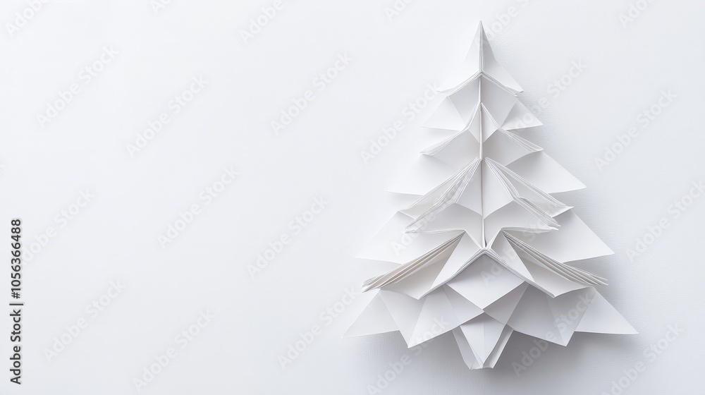 Poster clean white backdrop displaying a detailed origami christmas tree, focusing on the intricate folds a