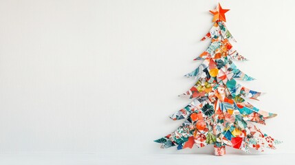 Clean white backdrop displaying a Christmas tree made from patterned Christmas paper, focusing on the vibrant colors and intricate design details