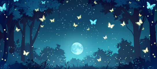 Beautiful fantasy forest with glowing fireflies and many colorful butterflies flying in the moonlight. Magical nature background, Generative AI
