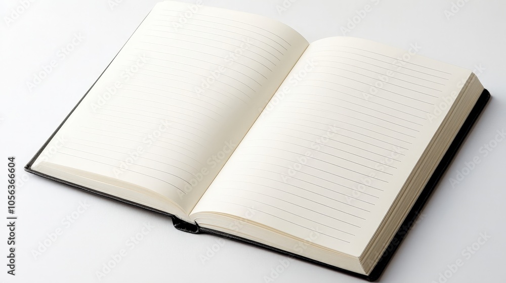 Poster clean white backdrop displaying an open diary page, emphasizing its organized lines and smooth, prof