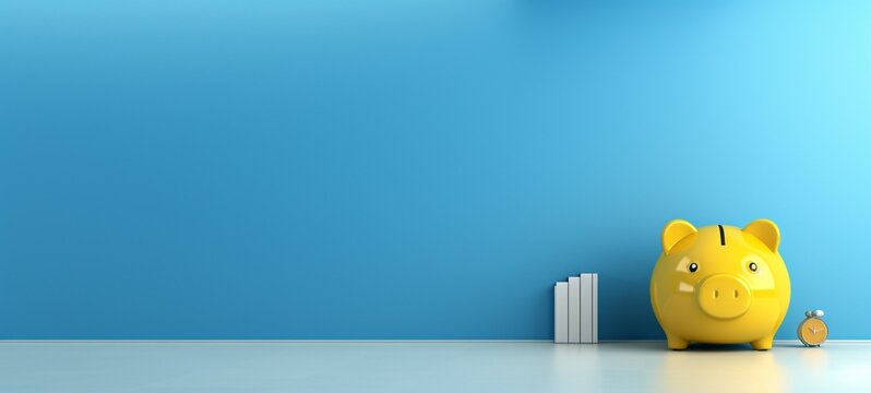 Yellow Piggy Bank Representing Saving Investment and Financial Growth on a Blue Background with Relevant Financial Icons and Symbols